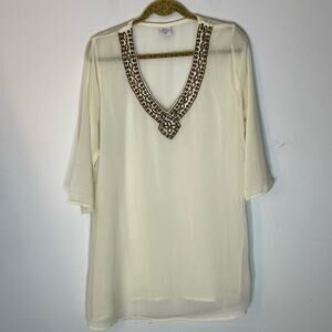 ISLAND EXPRESSION Cream Bronze Beaded V Neck 3/4 Sleeve Sheer Coverup S/M